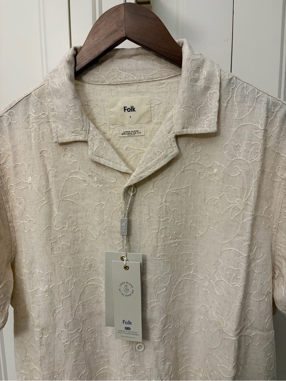 Folk Cream Floral Jacquard Linen Blend Short-Sleeve Button Shirt